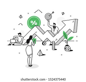 Concept of investment plan development, financial success. Analysis of sales. Money saving and smart money management