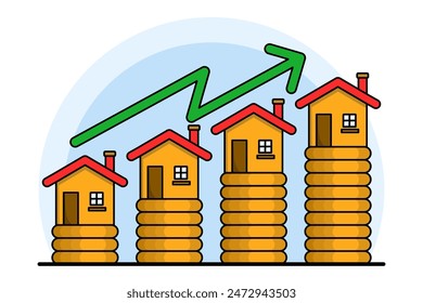 Concept of investment in real estate business, building with coins, Rising House Prices. House and Gold Coin With Arrow Symbol, Price of house and apartment, real estate sale, vector illustration.