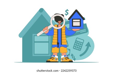 Concept Investment in real estate. Guy attractive realtor is holding a house.