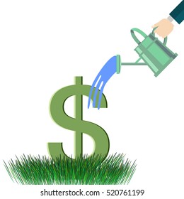 The concept of investment.Isolated on white background. Hand watering the dollar and it grows in the grass.