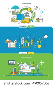 Concept of investments and financial investments, payment methods, project management and control. Color Line icons collection. Vector design for website, banner, printed materials and mobile app.