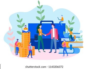 Concept The investor holds money in ideas for web page, social media, documents. Vector illustration the opening of a new startup, financing of creative projects. Education. Team work
