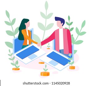 Concept The investor holds money in ideas for web page, social media, documents. Vector illustration the opening of a new startup, financing of creative projects. Education. Team work, successful team