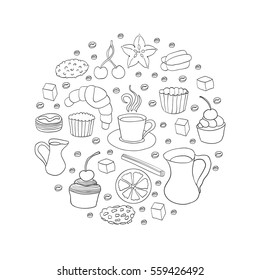 Concept for invitation card, site page, menu, poster with coffee. Set of hand drawn coffee and cookie elements. Vector illustration with text Coffee time