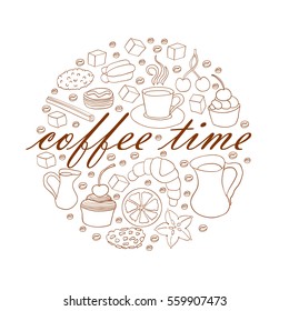 Concept for invitation card, site page, menu, poster with coffee. Set of hand drawn coffee and cookie elements. Vector illustration with text Coffee time