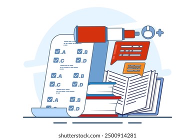 Concept Invite friends to do a questionnaire. online survey. choose answers to questions in digital questionnaires using the application. Flat vector illustration on background.