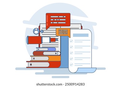 Concept Invite friends to do a questionnaire. online survey. choose answers to questions in digital questionnaires using the application. Flat vector illustration on background.