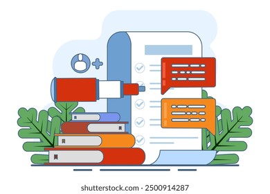 Concept Invite friends to do a questionnaire. online survey. choose answers to questions in digital questionnaires using the application. Flat vector illustration on background.