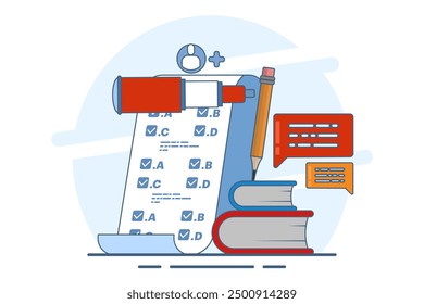 Concept Invite friends to do a questionnaire. online survey. choose answers to questions in digital questionnaires using the application. Flat vector illustration on background.
