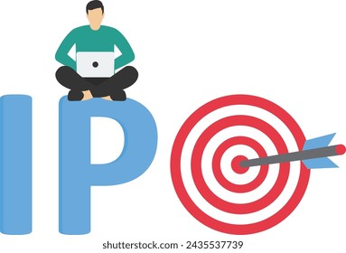 The concept of IPO, initial public offering, company going public in the stock market, trading in entrepreneur's shares in writing IPO with bullseye target. generate profits from new shares.