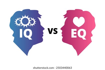 Concept of IQ vs EQ. Emotional and intelligence quotient. Head profiles with EQ and IQ symbols – gear and heart. Vector illustration isolated on a white background.