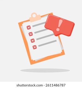 Concept of isolated wrong checklist. Negative checklist for problem, issue, failure in application. Emergency icon illustration