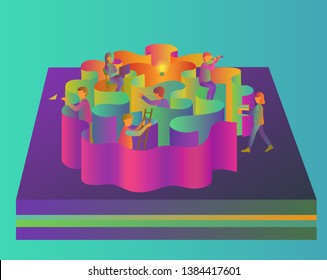 Concept of isometric bright labyrinth and people