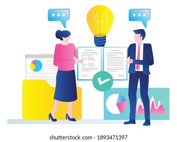 The concept of isometric flat illustration. 2 people work together to develop business
