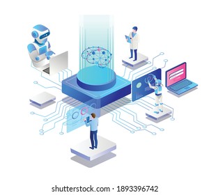The concept of isometric flat illustration. artificial intelligence and robots