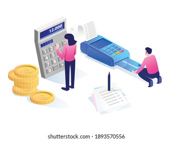The concept of isometric flat illustration. calculate the total amount and pay