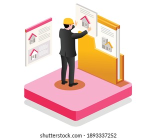 El concepto de ilustración plana isométrica. elección del diseño de viviendas e inversión inmobiliaria