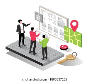 The concept of isometric flat illustration. choosing home design and real estate investing