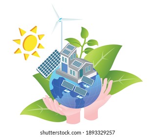 The concept of isometric flat illustration. earth on hand with houses and solar panels

