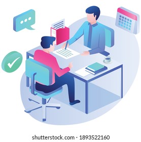 The concept of isometric flat illustration. an employee is seeing his boss