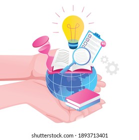 The concept of isometric flat illustration. a hand with the earth and study equipment
