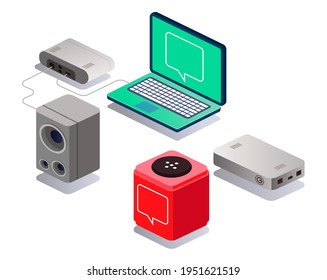 El concepto de ilustración plana isométrica. laptops y algunas herramientas de soporte de conversaciones en línea 