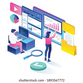 The concept of isometric flat illustration. make web design and seo optimization