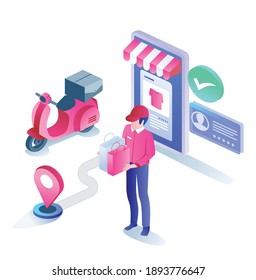 The concept of isometric flat illustration. a man is delivering goods