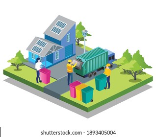 The concept of isometric flat illustration. officers and families take out the trash
