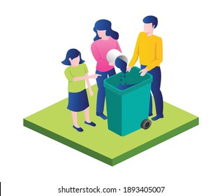 The concept of isometric flat illustration. officers and families take out the trash
