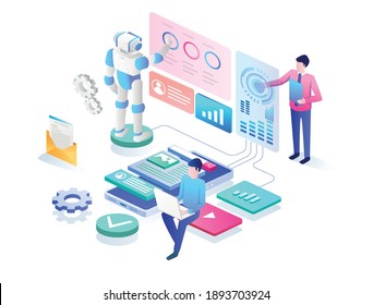 The concept of isometric flat illustration. a perform analyst with a robot