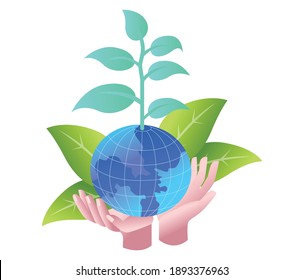 The concept of isometric flat illustration. plants above the hands and the earth