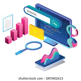 The Concept Of Isometric Flat Illustration. Search For Keywords For Optimization