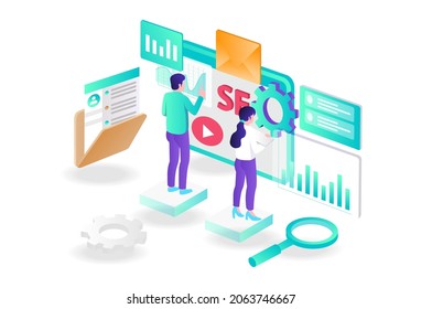 the concept of isometric flat illustration seo optimization and web developer