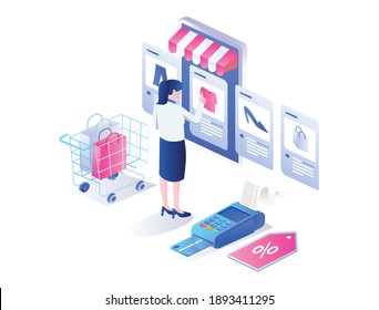 The concept of isometric flat illustration. shopping and choosing goods online