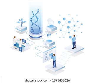 The concept of isometric flat illustration. some people are researching DNA