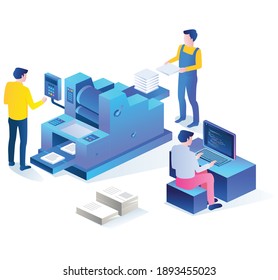 El concepto de ilustración plana isométrica. alguien está operando la máquina de impresión