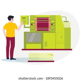 The concept of isometric flat illustration. someone is operating the printing machine