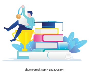 The concept of isometric flat illustration. a student gets a medal for being a champion
