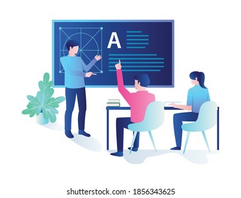 The concept of isometric flat illustration, the teacher teaching student activities
