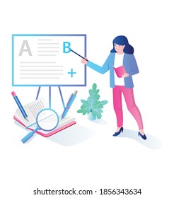 Das Konzept der isometrischen flachen Illustration, der Lehrer Unterrichtsstudienaktivitäten