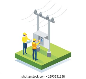 El concepto de ilustración plana isométrica. dos personas están reparando las líneas eléctricas y los paneles