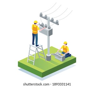 The Concept Of Isometric Flat Illustration. Two People Are Repairing The Power Lines And Panels