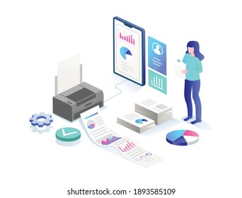 The concept of isometric flat illustration. a woman is printing an analyst's report or data