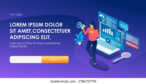 the concept of isometric flat illustration, working at the computer, online marketing and e-courses