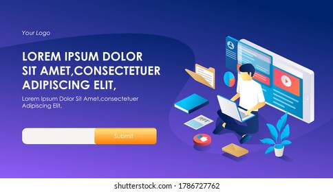 the concept of isometric flat illustration, working at the computer, online marketing and e-courses