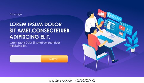 the concept of isometric flat illustration, working at the computer, online marketing and e-courses