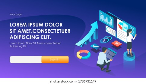 the concept of isometric flat illustration, working as a website developer, adsense, and SEO optimization, digital marketing strategy