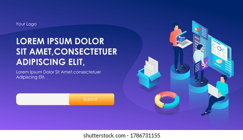 the concept of isometric flat illustration, working as a website developer, adsense, and SEO optimization, digital marketing strategy