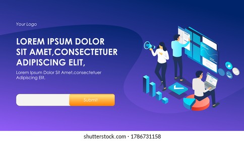 the concept of isometric flat illustration, working as a website developer, adsense, and SEO optimization, digital marketing strategy